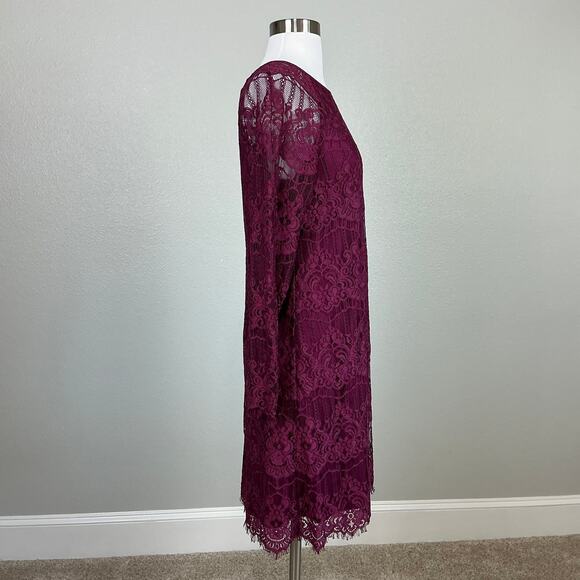Adrianna Papell Women Cocktail Dress Size 12 Red Scallop Lace Long Sleeve Shift - Picture 3 of 11